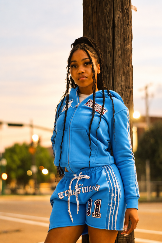 AI color preview of True Finessa 01 women's blue shorts with matching jacket